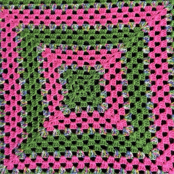Vintage Handmade Crochet Granny Blanket Pink Green Square Cottagecore 64 x 64 - Picture 2 of 5